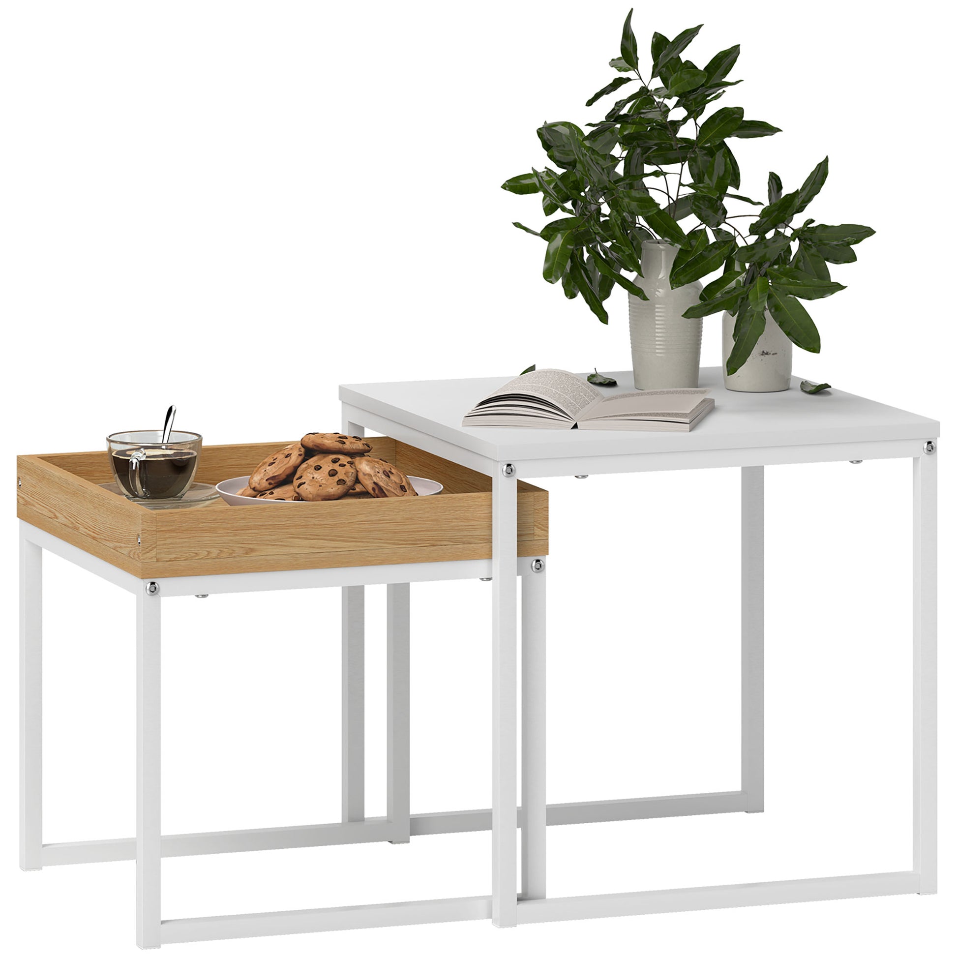 Photo of HOMCOM Set of Two Boxy Nesting Tables - White/Wood-Effect in White/Wood-Effect colour on a white background