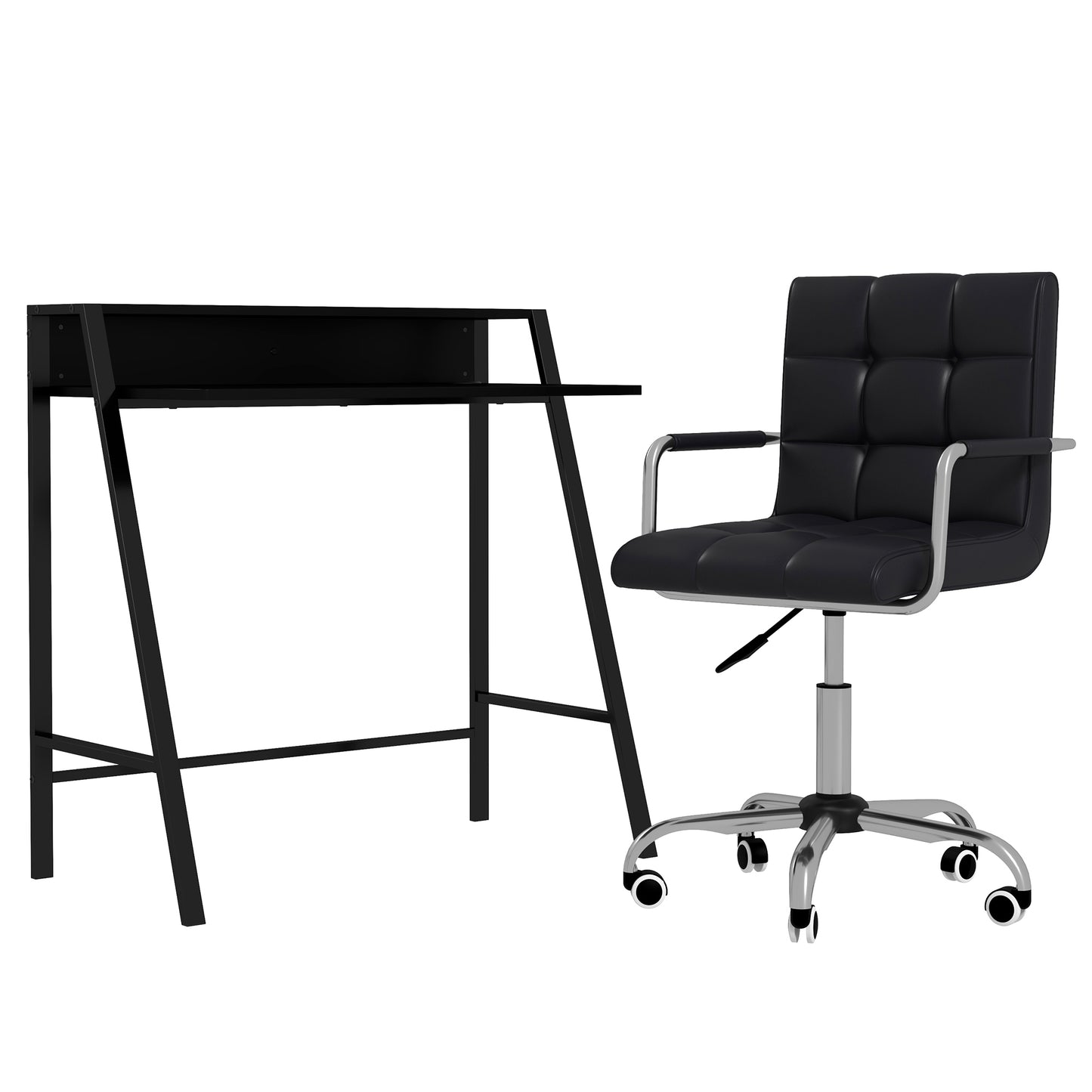 Photo of HOMCOM Home Office Chair and Computer Desk Set, Faux Leather Desk Chair with Swivel Wheels, Study Desk with Storage Shelf, Black in Black colour on a white background