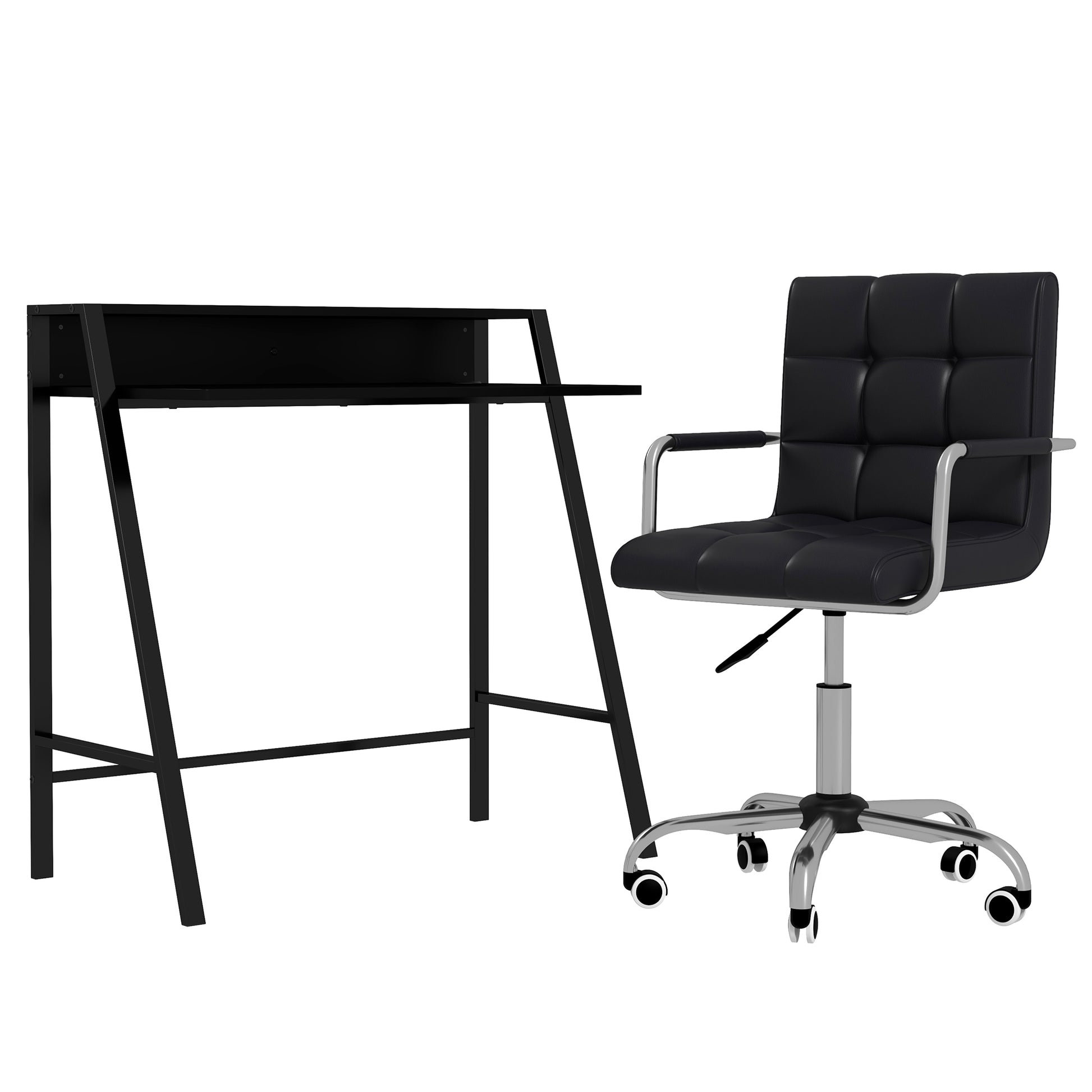 Photo of HOMCOM Home Office Chair and Computer Desk Set, Faux Leather Desk Chair with Swivel Wheels, Study Desk with Storage Shelf, Black in Black colour on a white background