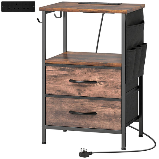Photo of HOMCOM Bedside Table with Charging Station - Rustic Brown in Brown colour on a white background