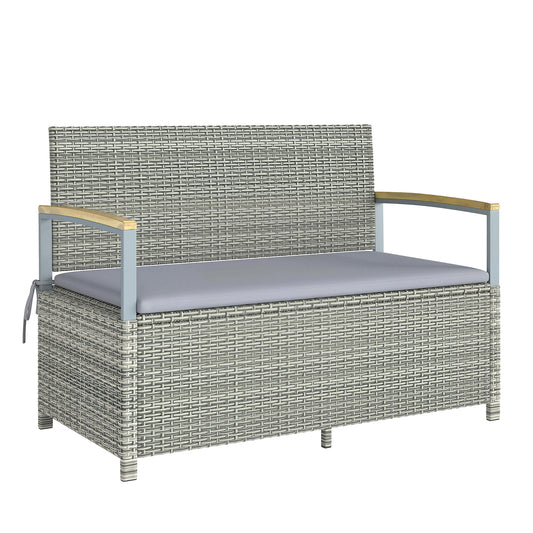 Photo of Outsunny 170 L Garden Storage Bench with Zipped Liner, 2 Seater Rattan Garden Bench with Storage, Gas Strut, Cushion, Light Grey in Grey colour on a white background