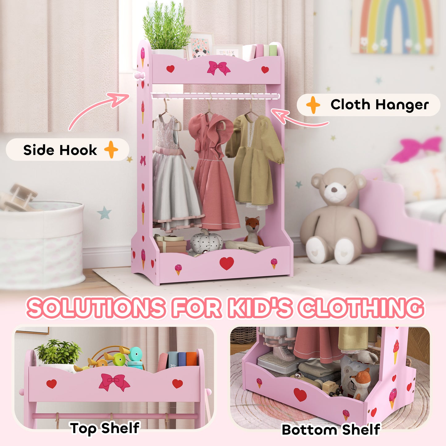 AIYAPLAY Kids Bed with Safety Rails, Kids Clothes Rail, Kids Full Length Mirror, 3 Piece Kids Furniture Set for Bedroom, Pink