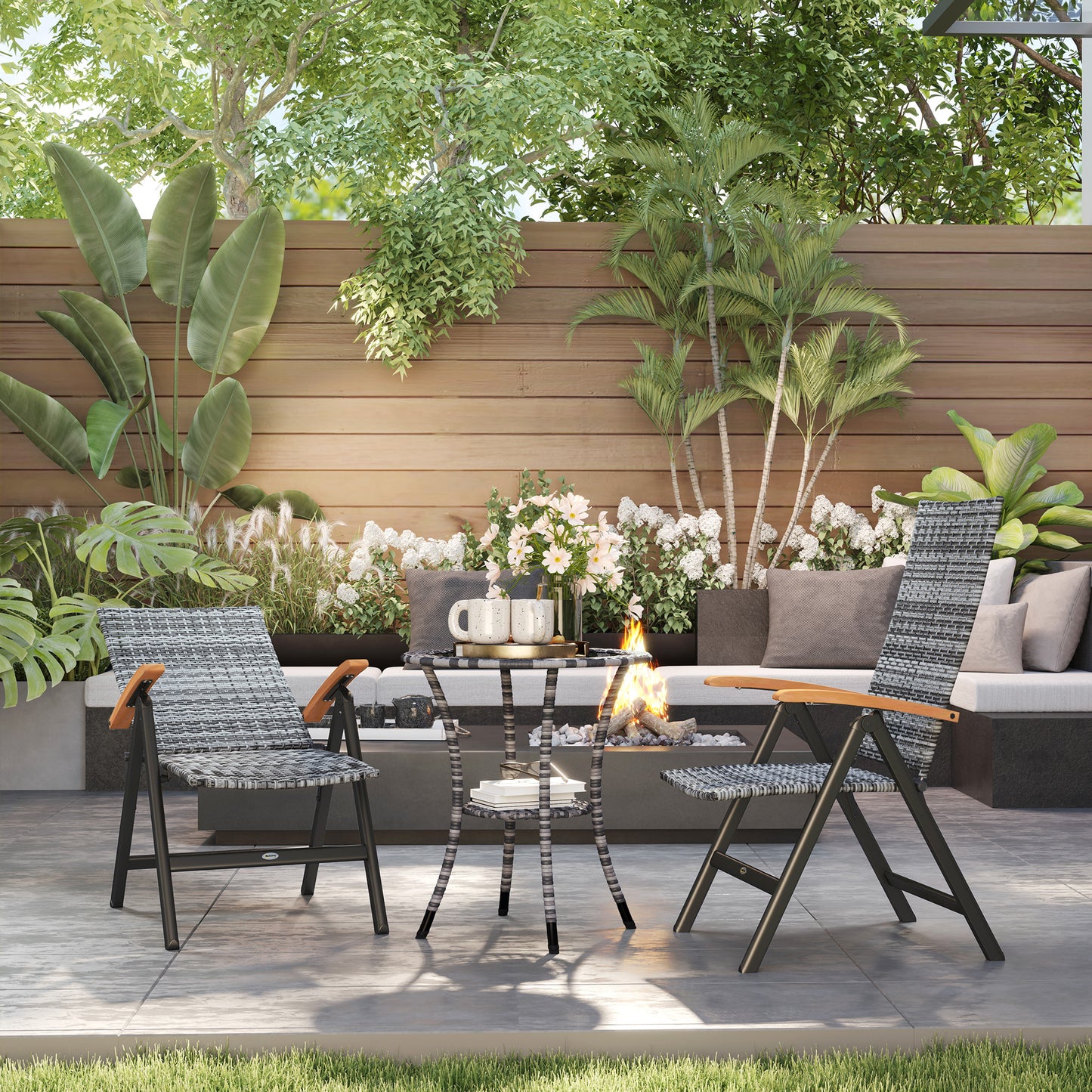 Outsunny 2 Pieces Folding Rattan Garden Dining Chairs with 5-level Reclining High Back, Wood Armrests for Outdoor - Light Grey