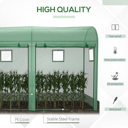 Green walk-in greenhouse with PE cover, steel frame, windows and crops inside.