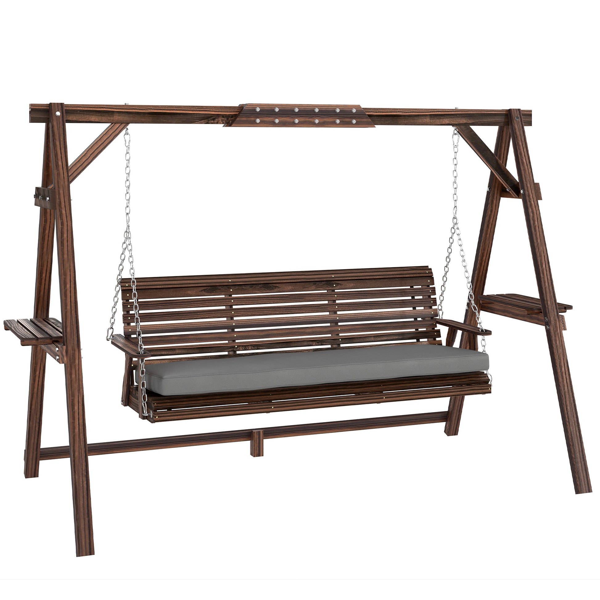 Photo of Outsunny 3 Seater Garden Swing Seat, Wooden Swing Chair Bench with Cushion, Side Trays and Metal Chains, for Outdoor Porch Patio, Carbonised Brown in Brown colour on a white background