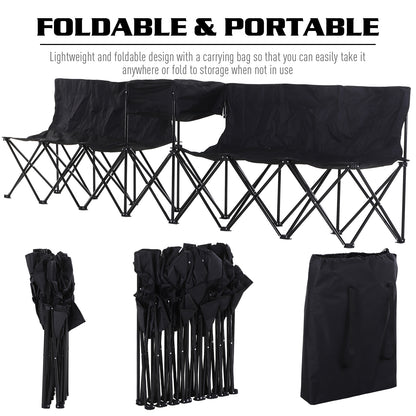 Black folding sports bench with its compact folded form and carrying bag