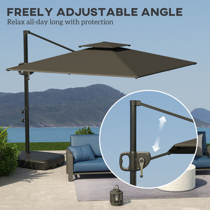 Adjustable dark grey cantilever patio umbrella with angled canopy and crank pole