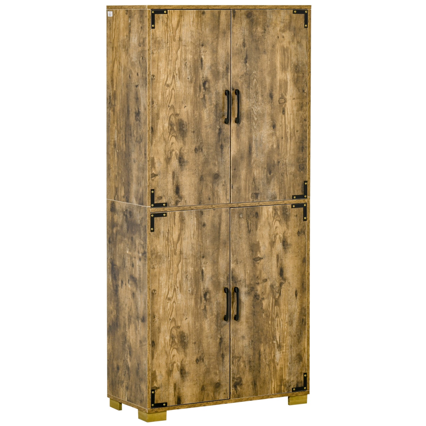 Photo of HOMCOM Farmhouse 4-Door Cabinet, Freestanding Tall Cupboard with Storage Shelves for Bedroom & Living Room, Rustic Wood Effect in Effect colour on a white background