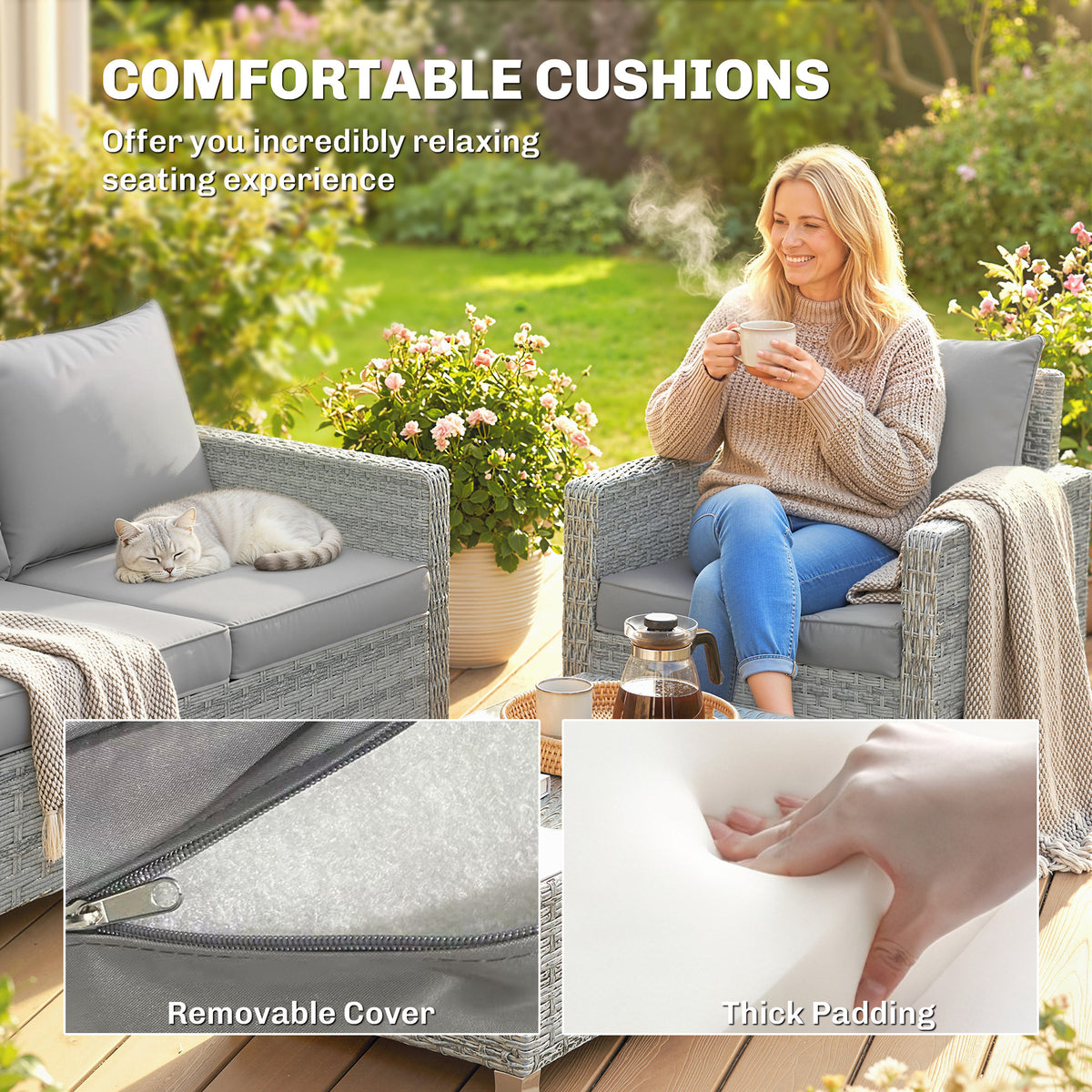 Outsunny 4 Piece Rattan Garden Furniture Set with Loveseat, 2 Armchairs, Glass-Top Table, Wicker Patio Conversation Set, Grey