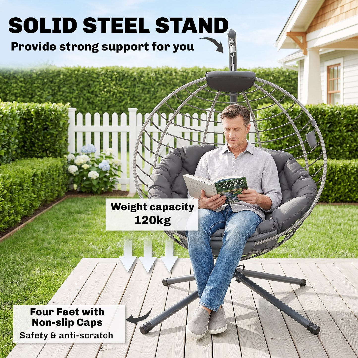 Outsunny PE Rattan Swing Chair, Outdoor Hanging Chair with Metal Stand, Thick Padded Cushion, Foldable Basket and Cup Holder, for Indoor and Outdoor, Grey