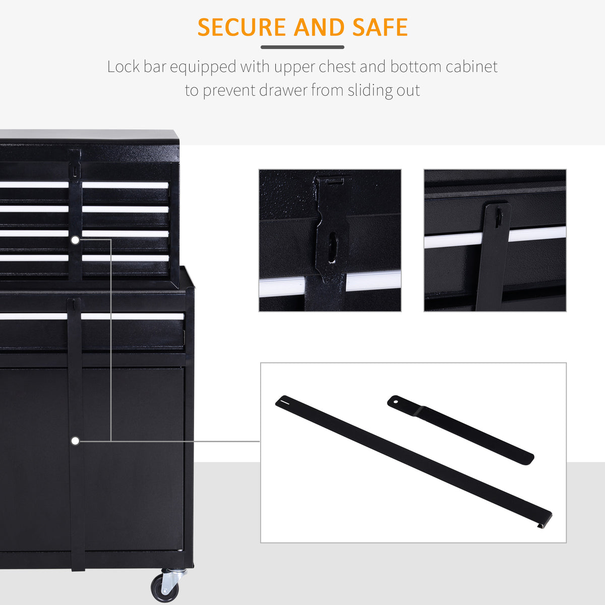 Black tool cabinet with locking bars securing the upper chest and lower cabinet