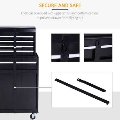 Black tool cabinet with locking bars securing the upper chest and lower cabinet