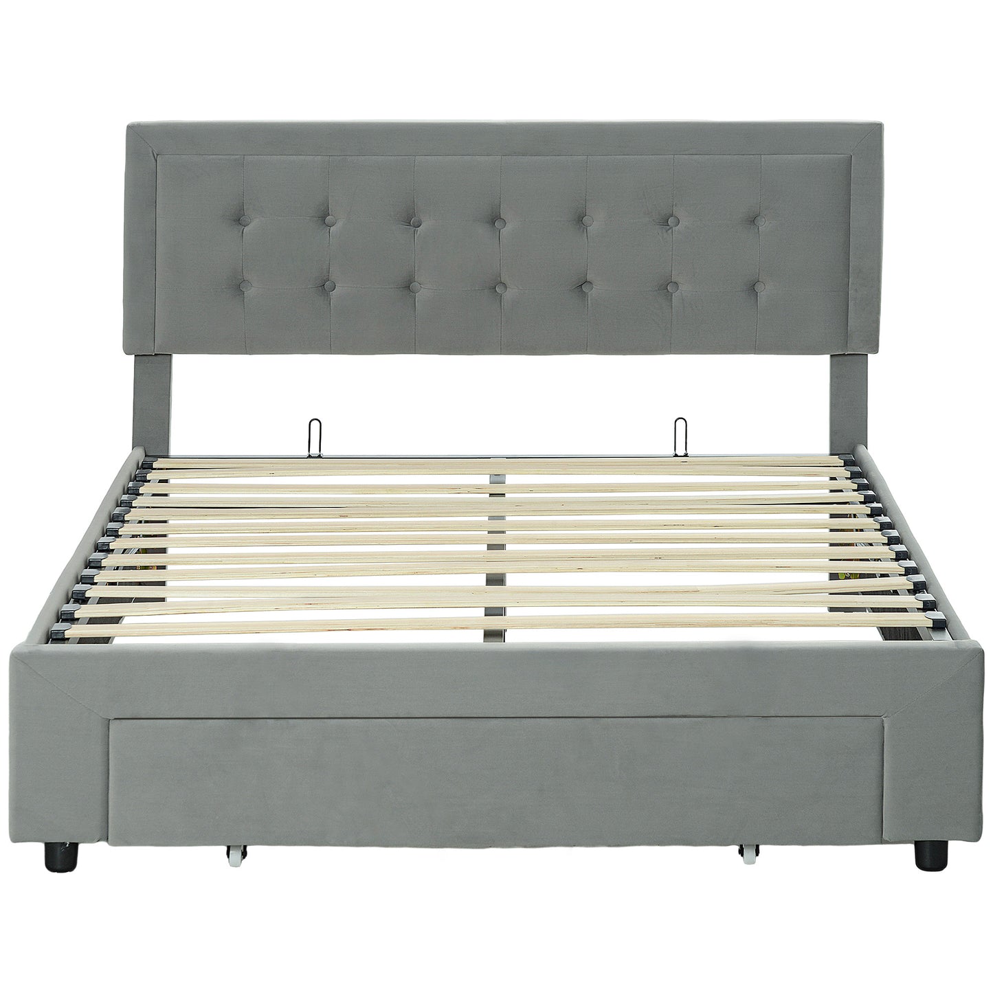 Photo of HOMCOM Double Size Ottoman Bed Frame 140W x 193.5D x 95Hcm with Front Drawer - Grey in Grey colour on a white background