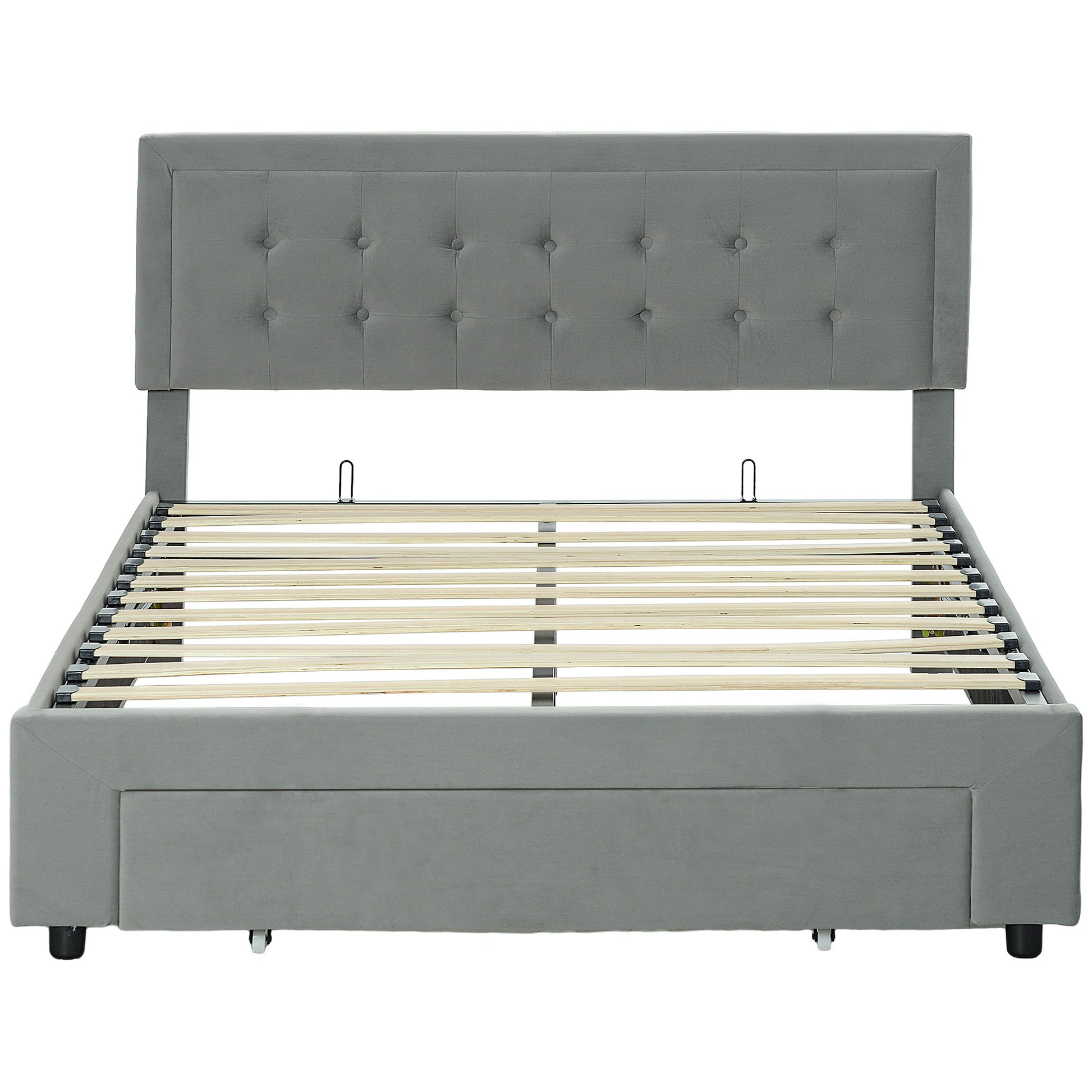 Photo of HOMCOM Double Size Ottoman Bed Frame 140W x 193.5D x 95Hcm with Front Drawer - Grey in Grey colour on a white background