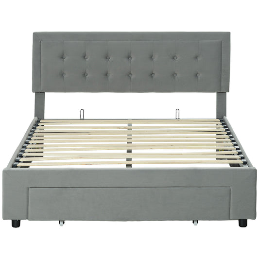 Photo of HOMCOM Double Size Ottoman Bed Frame 140W x 193.5D x 95Hcm with Front Drawer - Grey in Grey colour on a white background