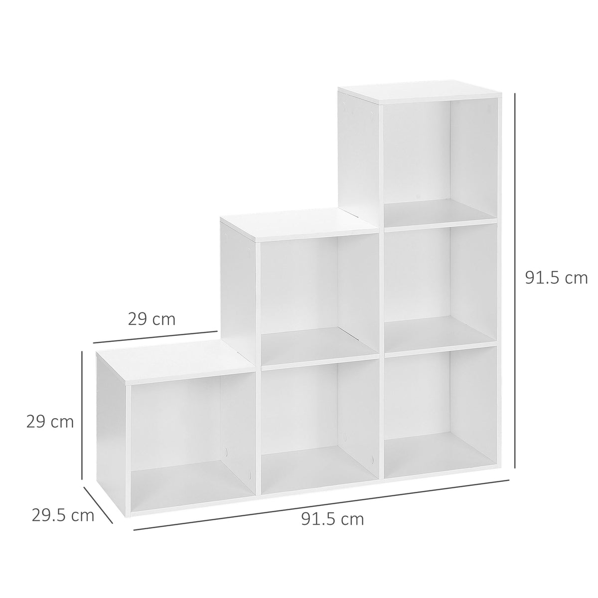 Stepped six-cube bookcase with dimensions of 91.5 cm wide and high