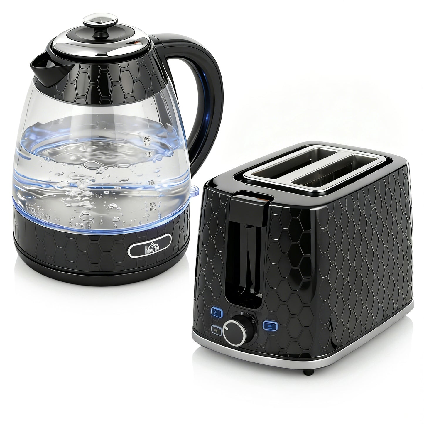 Photo of HOMCOM Kettle and Toaster Set, 1.7L 3000W Rapid Kettle with Limescale Filter, 2 Slice Toaster with 7 Browning Controls, Black in Black colour on a white background