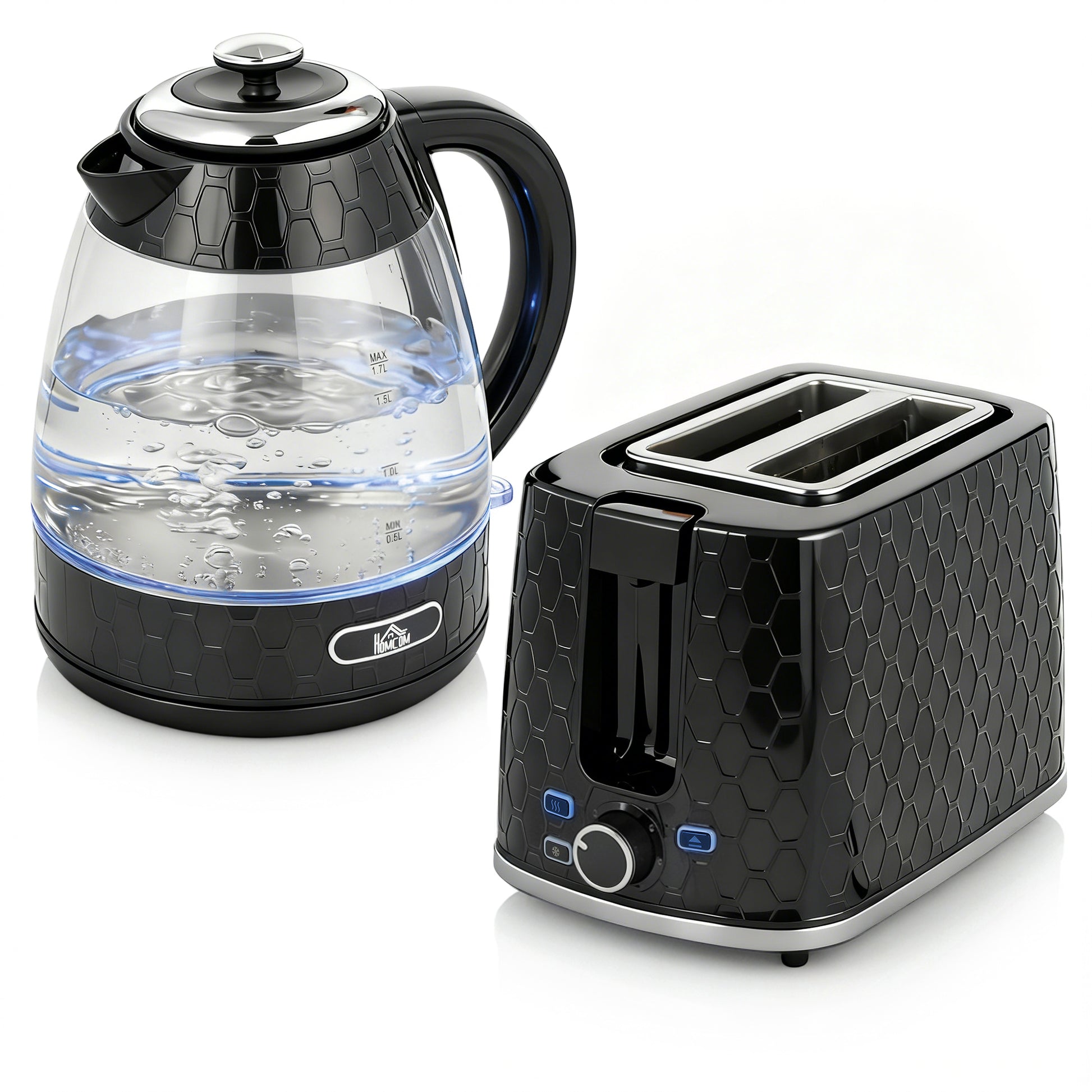 Photo of HOMCOM Kettle and Toaster Set, 1.7L 3000W Rapid Kettle with Limescale Filter, 2 Slice Toaster with 7 Browning Controls, Black in Black colour on a white background