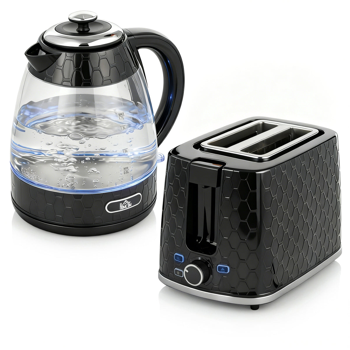 Photo of HOMCOM Kettle and Toaster Set, 1.7L 3000W Rapid Kettle with Limescale Filter, 2 Slice Toaster with 7 Browning Controls, Black in Black colour on a white background