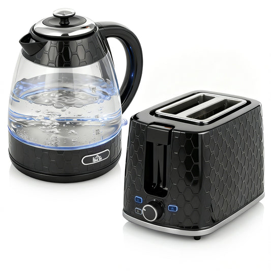 Photo of HOMCOM Kettle and Toaster Set, 1.7L 3000W Rapid Kettle with Limescale Filter, 2 Slice Toaster with 7 Browning Controls, Black in Black colour on a white background