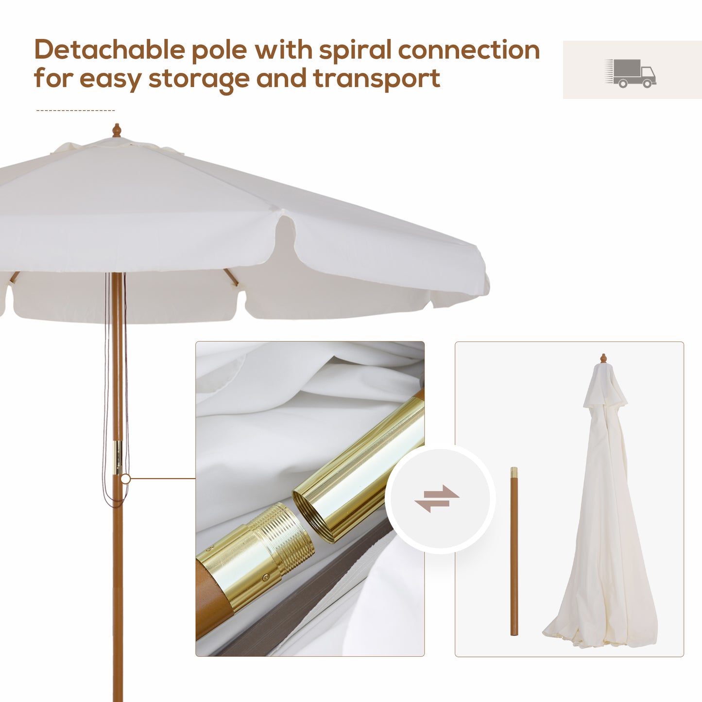 Outsunny 3.3m Elegant Wooden Parasol with Wooden Frame and Bamboo Ribs- Cream