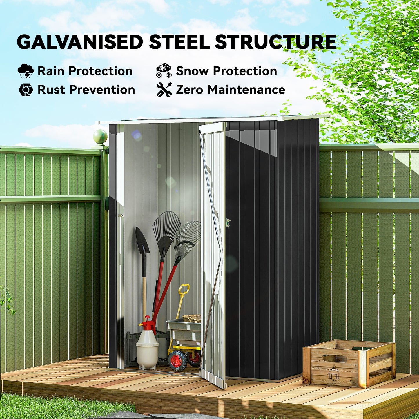 Outsunny 5ft x 3ft Garden Storage Shed, Galvanised Outdoor Metal Shed Waterproof with Sloped Roof, Lockable Door for Patio Tools, Equipment, Dark Grey