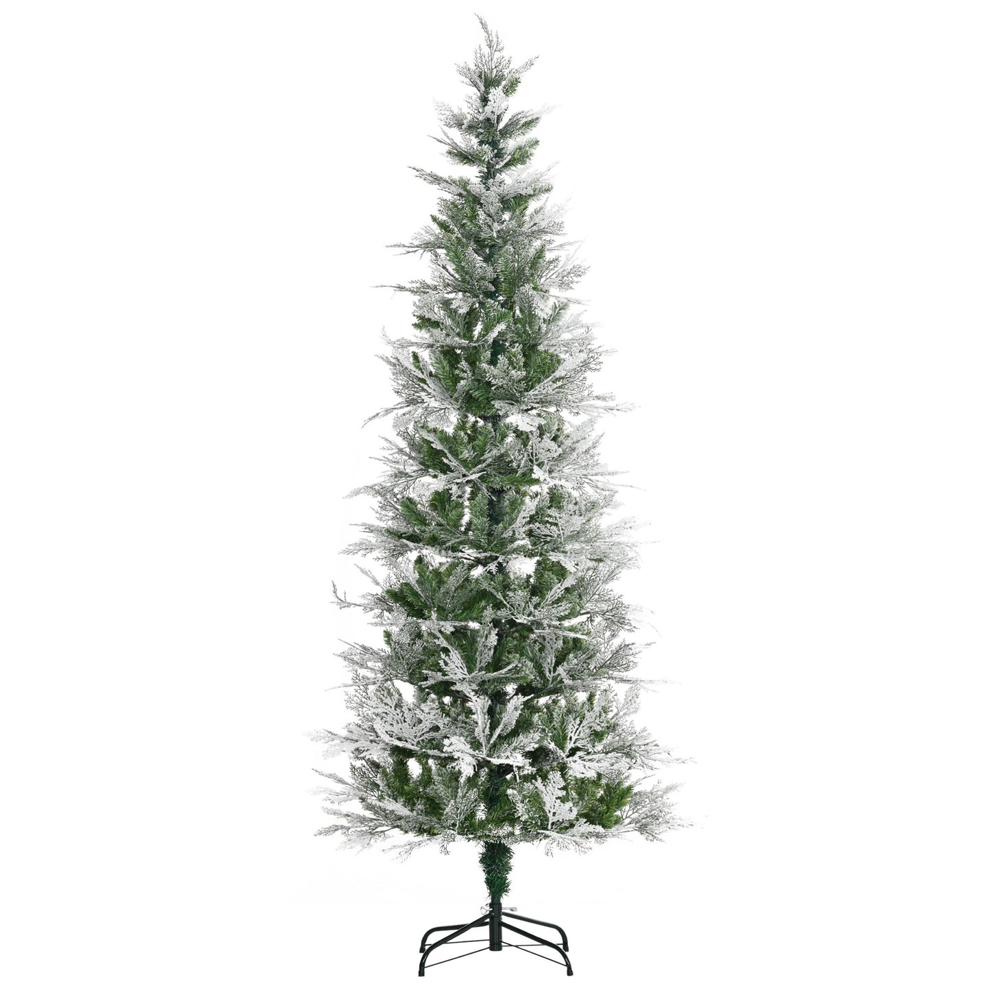 Photo of HOMCOM 7 Ft Pencil Snow Flocked Artificial Christmas Tree with Realistic Cypress Branches, Auto Open, Green in Green colour on a white background