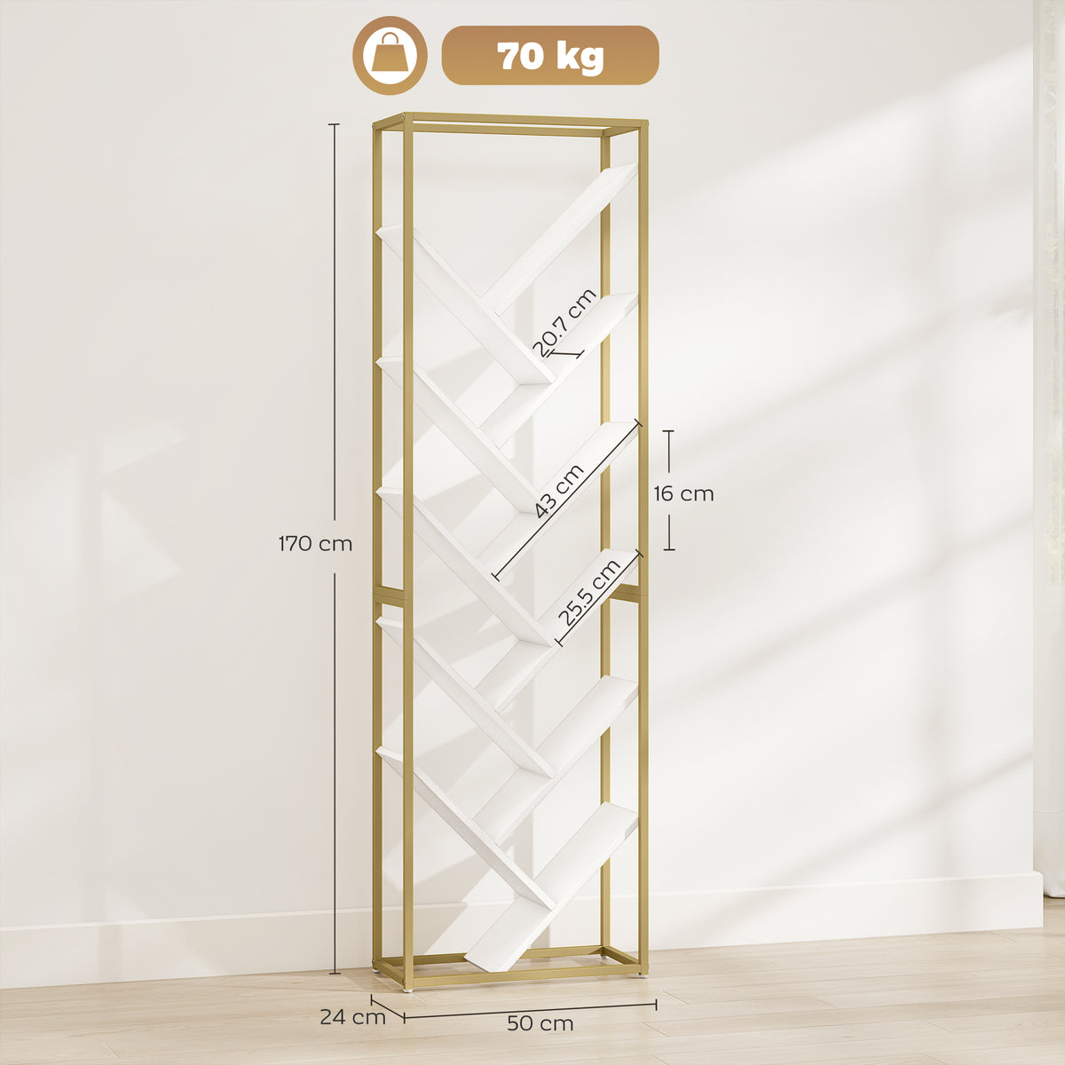 HOMCOM 10 Shelf Modern-Style Bookshelf - Gold Tone/White