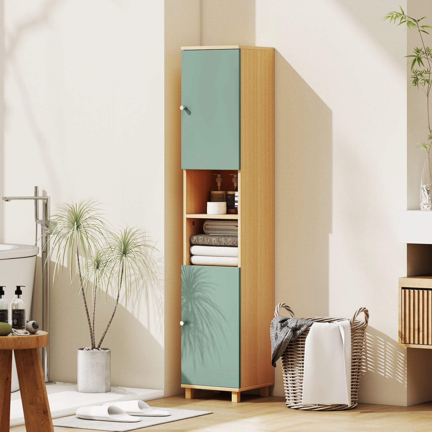 HOMCOM Bathroom Cabinet with Adjustable Shelves and Open Shelves - Green