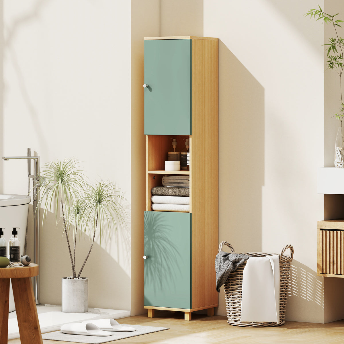 HOMCOM Bathroom Cabinet with Adjustable Shelves and Open Shelves - Green
