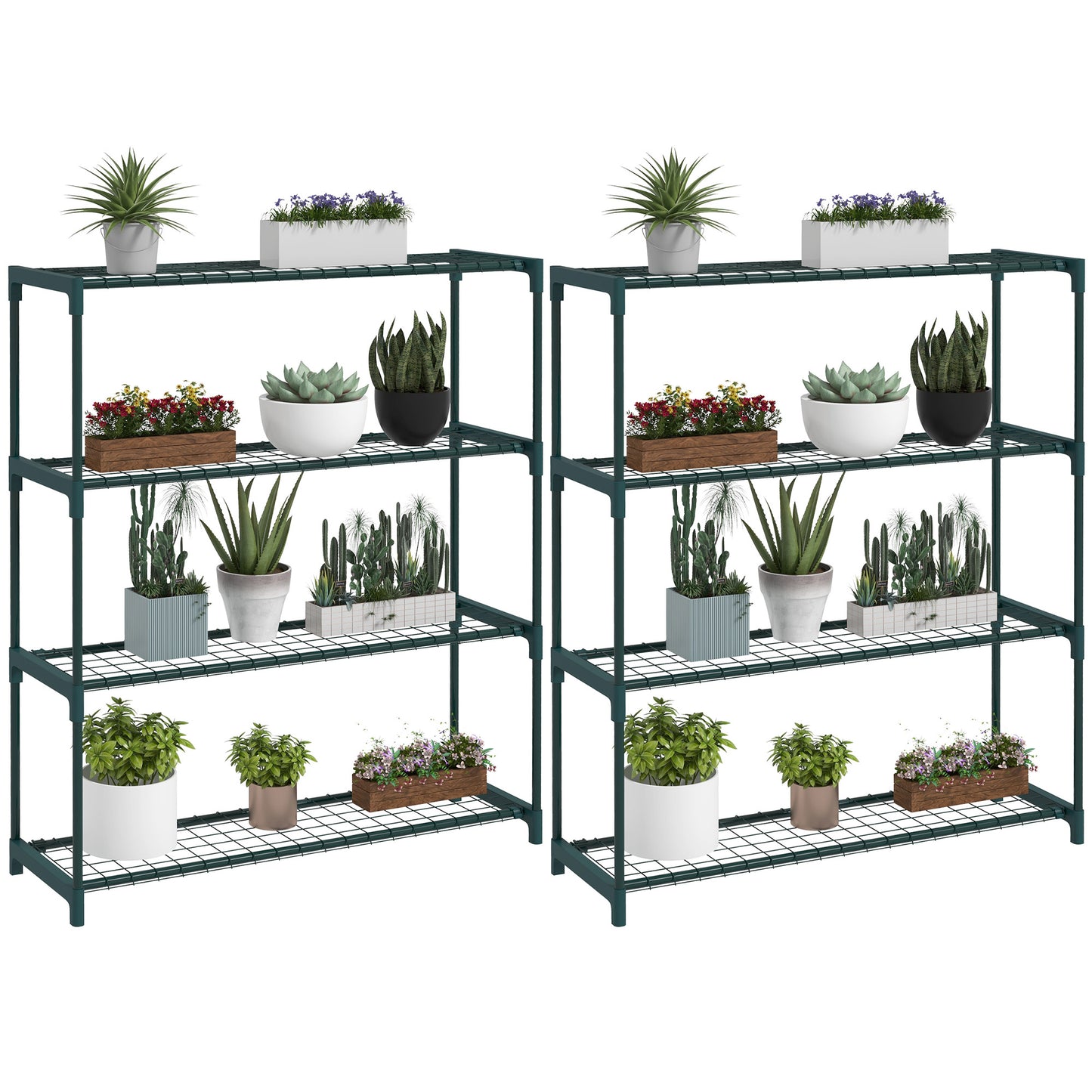Photo of Outsunny Modern Plant Stand, 4-Tier Planter Holder with Steel Frame, Outdoor Flower Display Rack for Potted Plants Garden Balcony Decor, Dark Green in Green colour on a white background