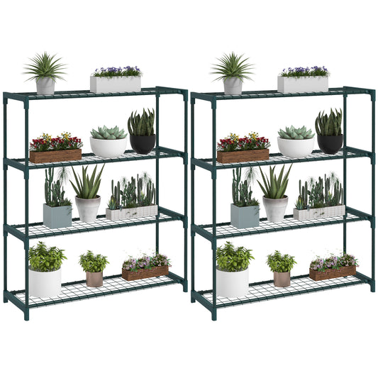 Photo of Outsunny Modern Plant Stand, 4-Tier Planter Holder with Steel Frame, Outdoor Flower Display Rack for Potted Plants Garden Balcony Decor, Dark Green in Green colour on a white background
