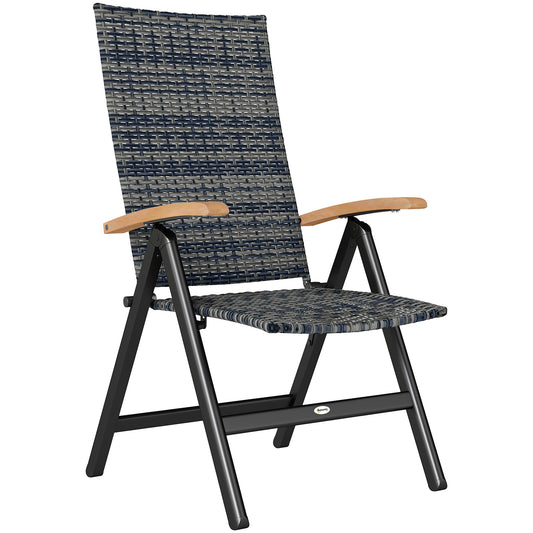 Photo of Outsunny Folding Rattan Garden Dining Chair with 5-level Reclining High Back, Wood Armrests for Outdoor, Patio - Mixed-grey in Mixed-grey colour on a white background
