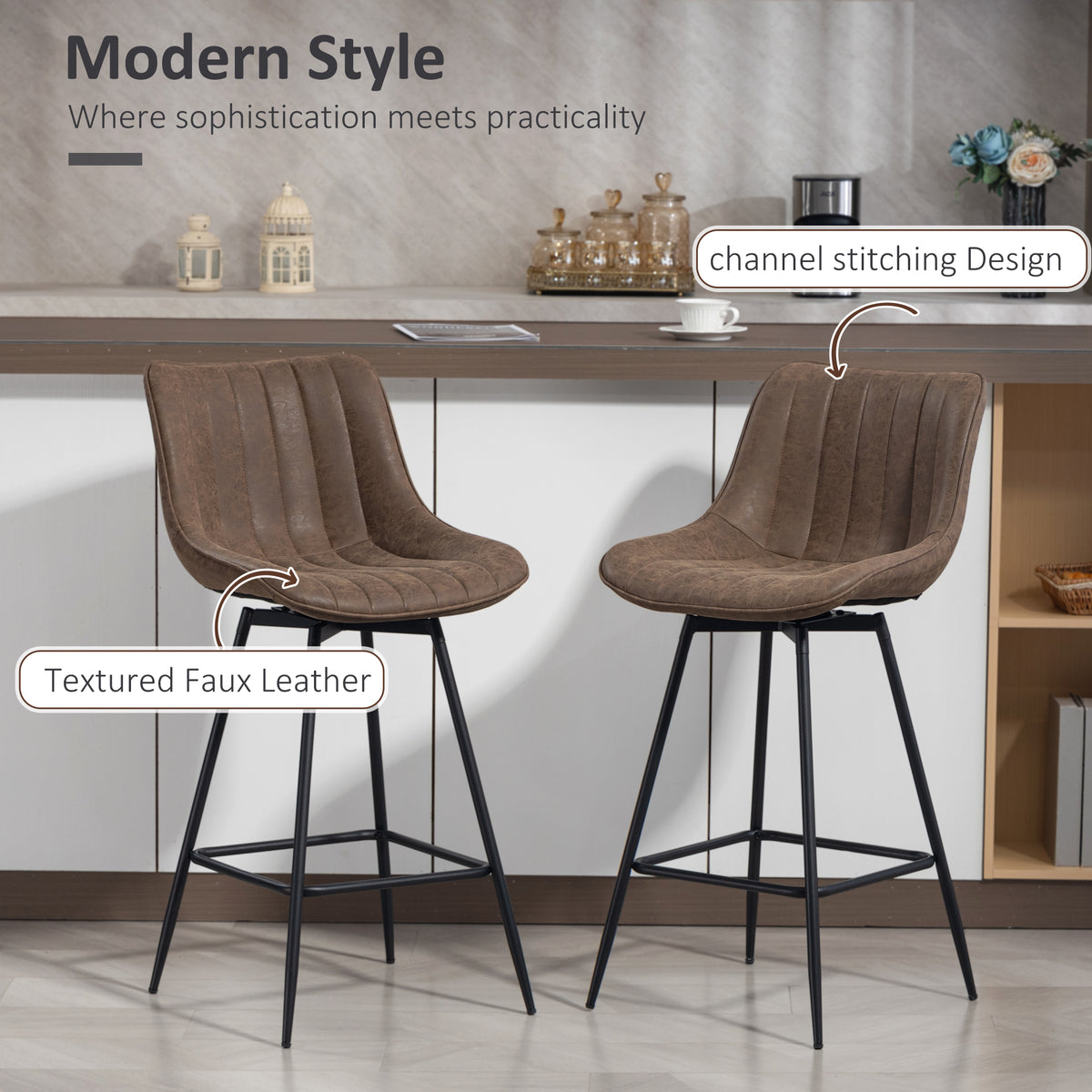 HOMCOM Set of 2 PU Leather Swivel Bar Stools - Brown