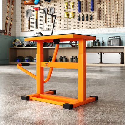 DURHAND orange steel motorbike lift with H-shaped base and crank handle