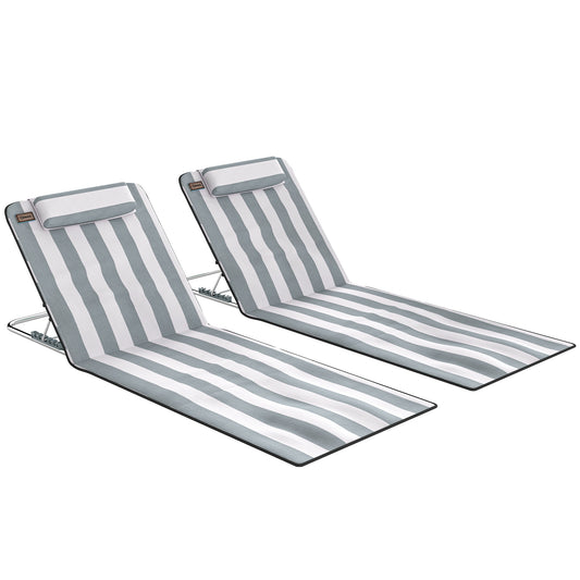 Photo of Outsunny Set of 2 Foldable Garden Beach Chair Mat Lightweight Outdoor Sun Lounger Seats Adjustable Back Metal Frame PE Fabric Head Pillow w/ Carry Bag, Light Grey in Grey colour on a white background