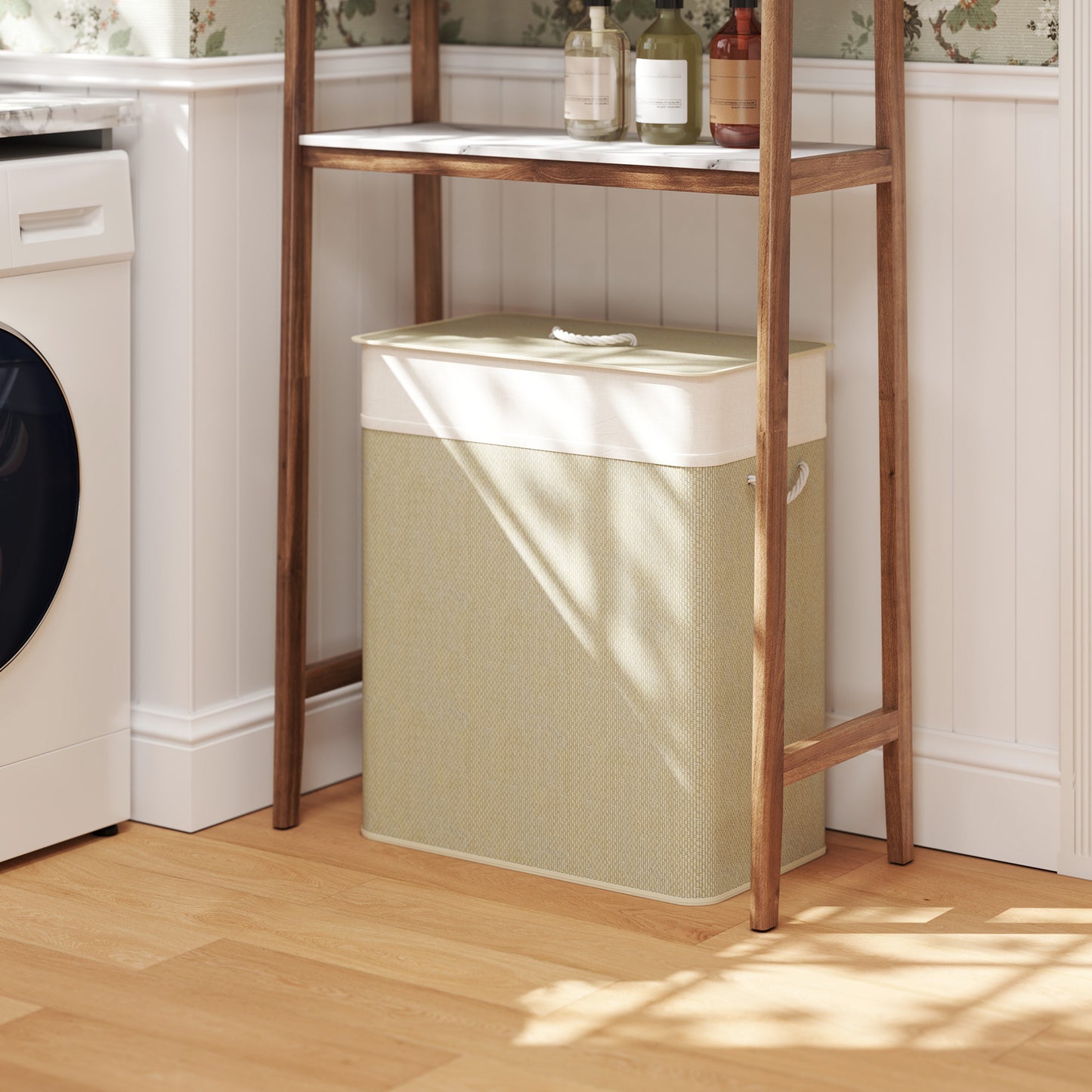 HOMCOM 2 Section Laundry Basket with Lid, 100L Bamboo Laundry Hamper with Handles, Removable and Washable Liner, Cream White