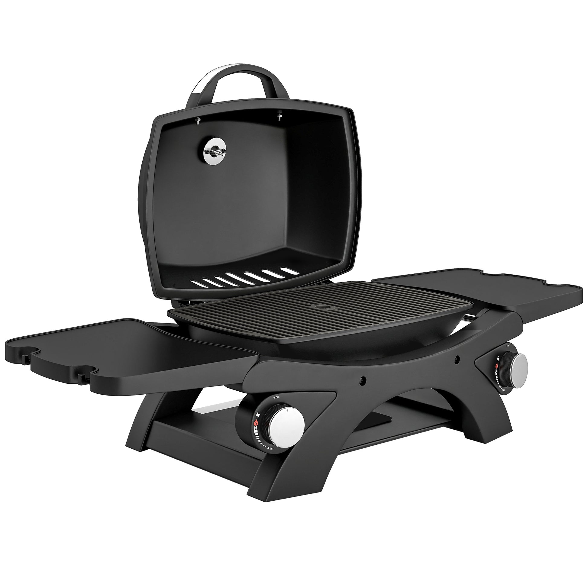 Photo of Outsunny 2 Burner Gas Grill with 2 Detachable Side Tables, 3.8 KW Steel Barbecue Grill with Cast Iron Grates, Lid, Thermometer in Thermometer colour on a white background