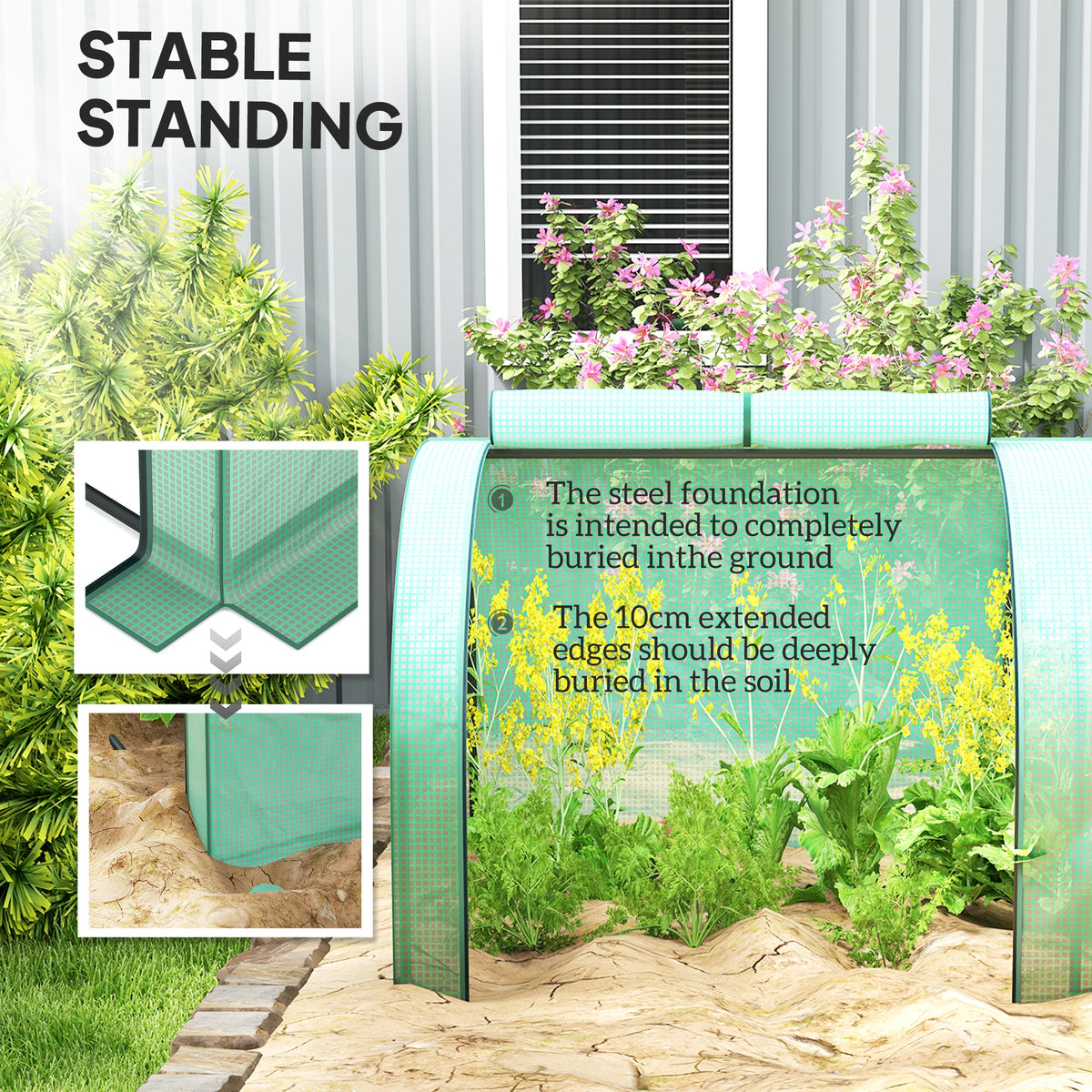 Green low tunnel greenhouse with cover edges buried in soil for stability