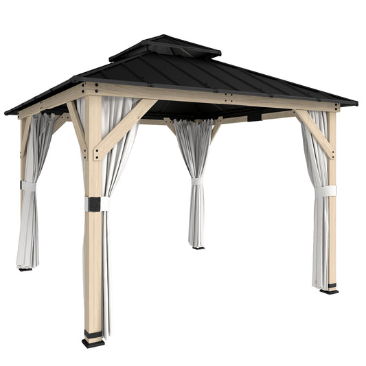 Photo of Outsunny 3 x 3 m Outdoor Hardtop Gazebo Canopy with 2-Tier Steel Roof, Wood Garden Gazebo with Curtains, Light Grey in Grey colour on a white background