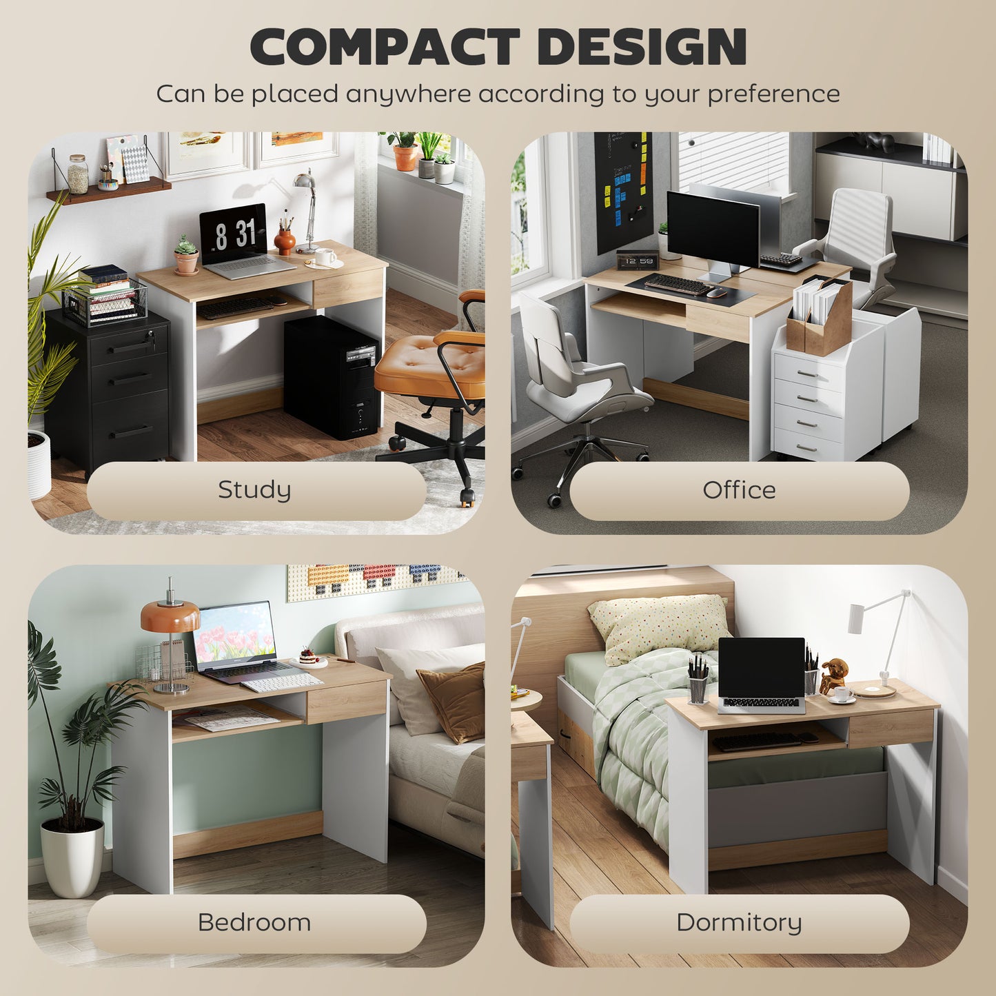 HOMCOM 100cm Compact Computer Desk with Keyboard Tray, Home Office Desk with Drawer for Bedroom Study, Oak