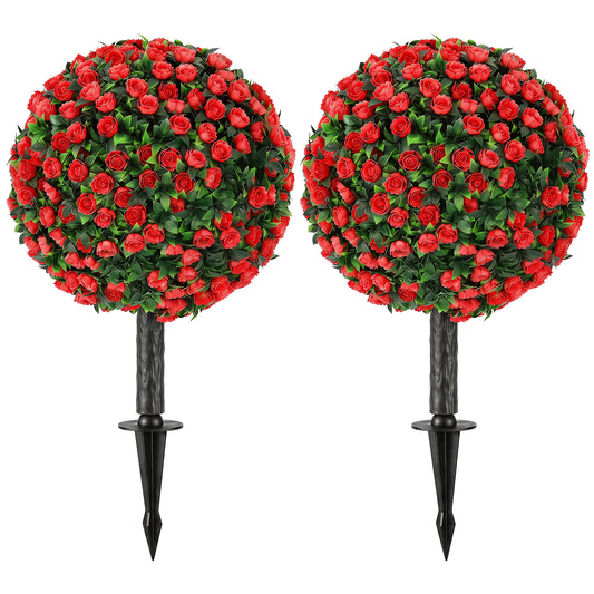 Photo of HOMCOM Artificial Rose Topiary UV Resistant, 2-Pack Fake Plants, 55 cm, Red in Red colour on a white background