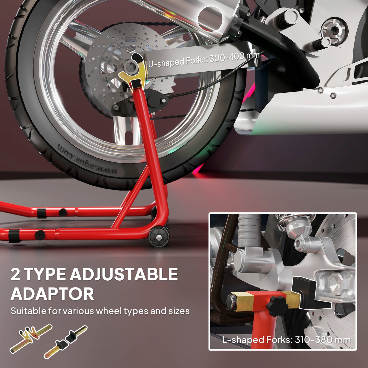 HOMCOM Motorcycle Rear Wheel Stand, 544 kg Capacity Heavy Duty Steel Motorbike Motorcycle Paddock Stand Lift with Adjustable U + L Forks, Wheels, Non-Slip Pads for Workshop Garage Repair, Red