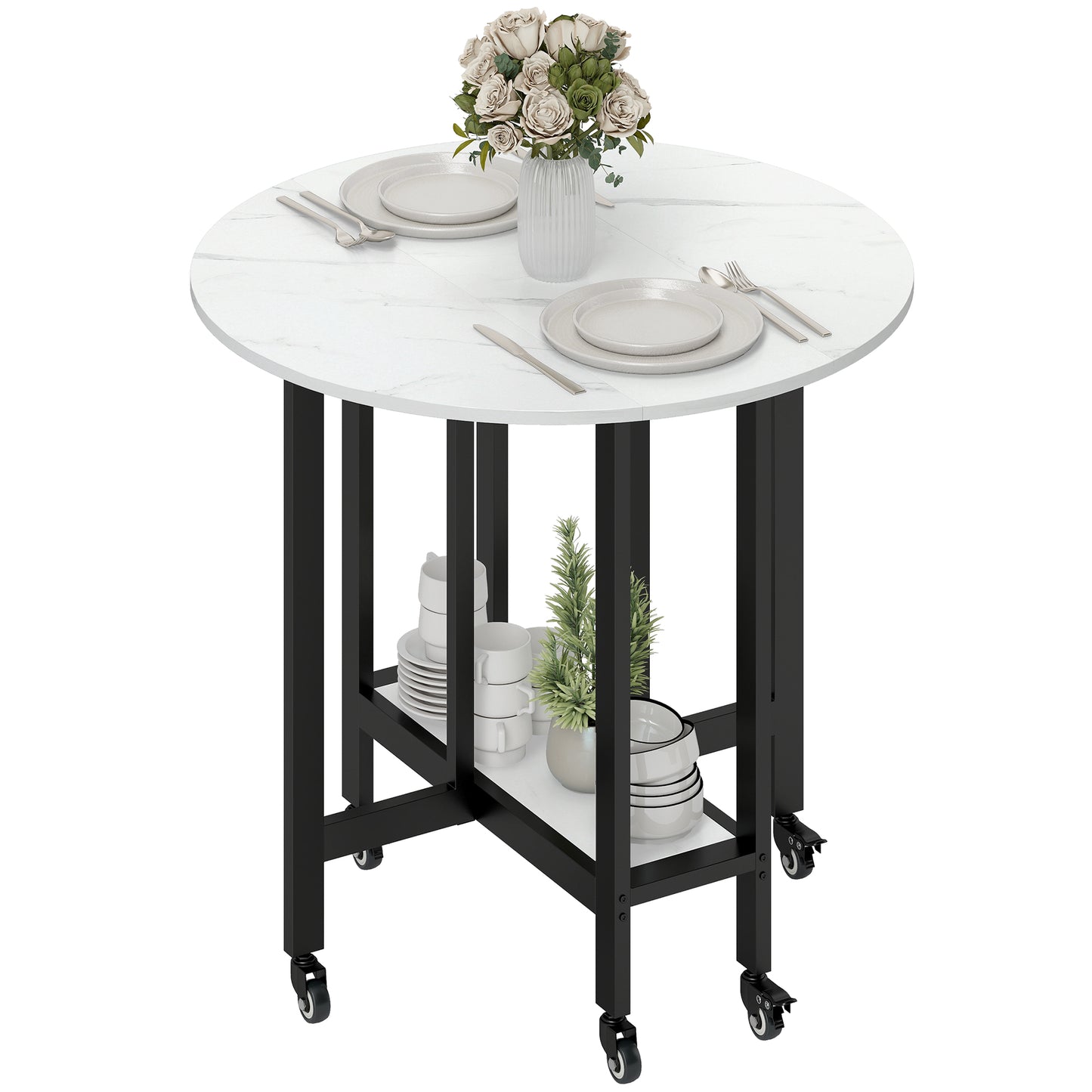 Photo of HOMCOM Folding Dining Table, Drop Leaf Table with Open Shelf, Rolling Kitchen Table for Dining Room, Small Spaces, White Marble in Marble colour on a white background