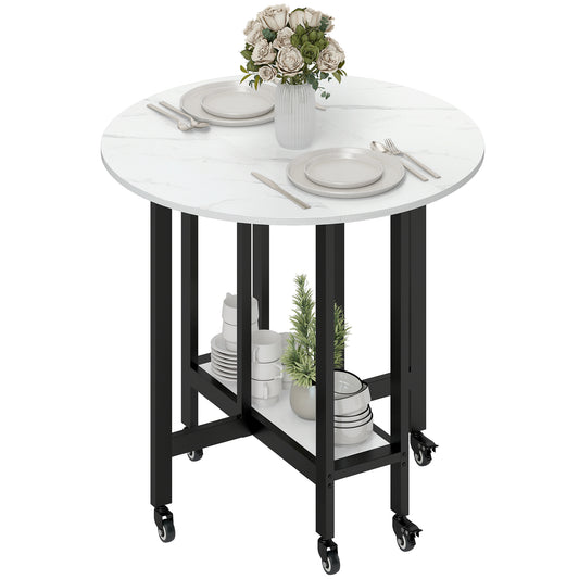 Photo of HOMCOM Folding Dining Table, Drop Leaf Table with Open Shelf, Rolling Kitchen Table for Dining Room, Small Spaces, White Marble in Marble colour on a white background