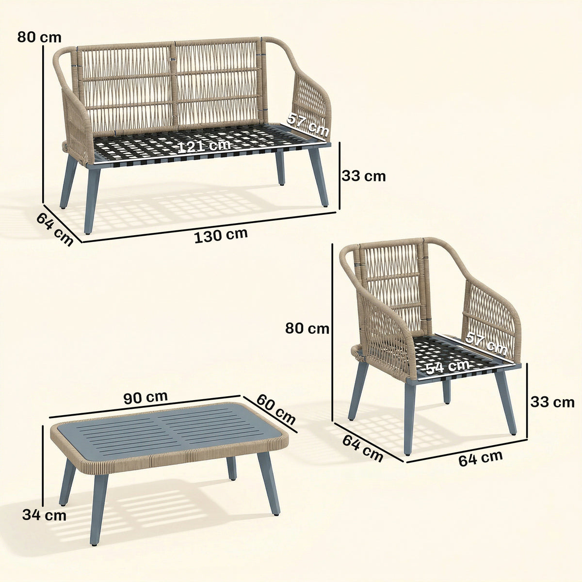 Outsunny 4 Piece Rattan Garden Furniture Set with Loveseat, Armchairs, Wood Table, Wicker Patio Conversation Set, Grey