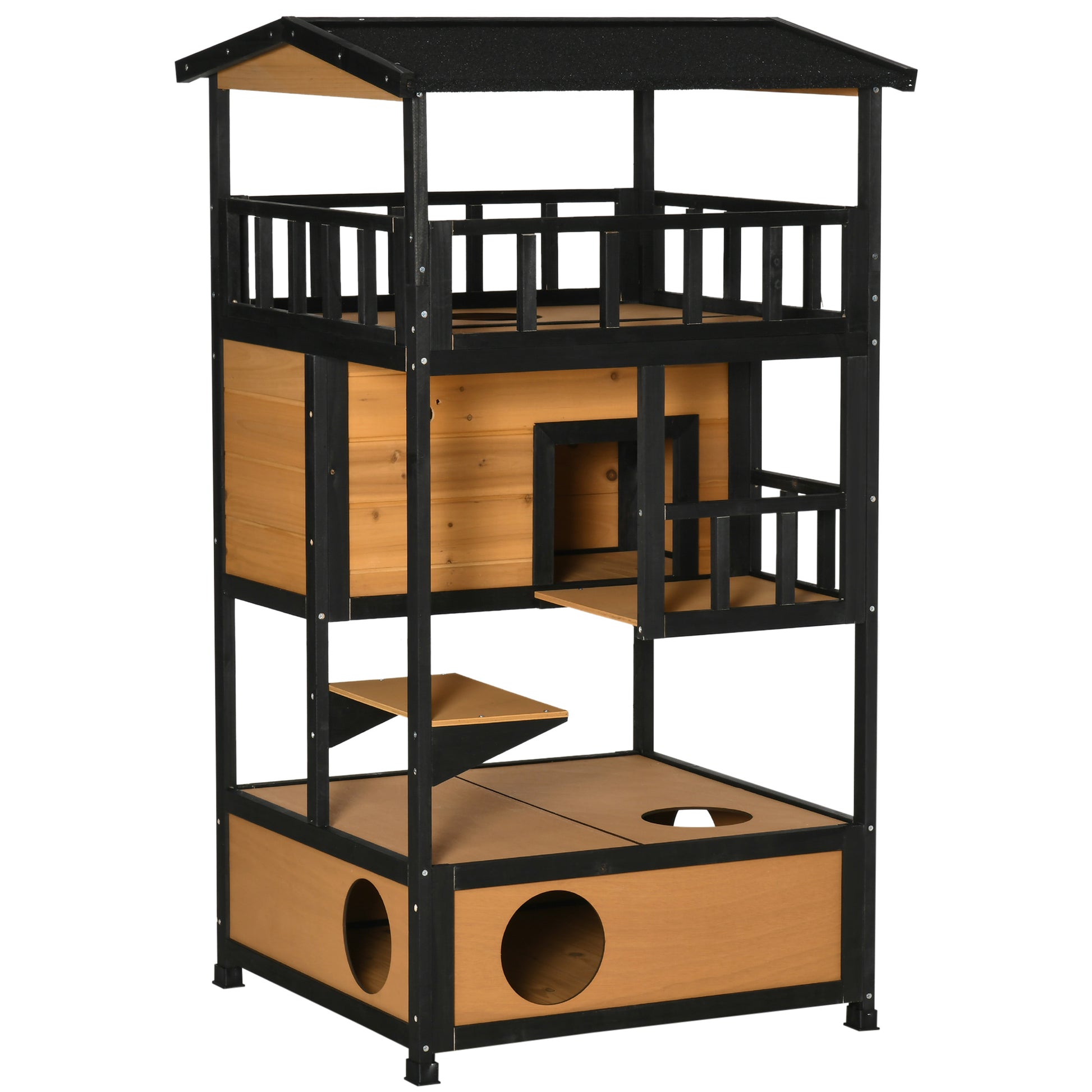 Photo of PawHut Wooden Outdoor Cat House, 3-Tier Cat Shelter with Tilted Roof, Terrace, Jump Step, Bottom Tray and Elevated Base, Waterproof Paint, Yellow in Yellow colour on a white background