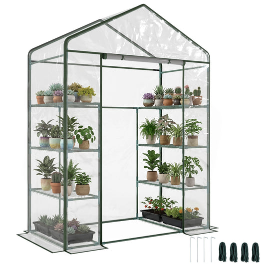 Photo of Outsunny Walk in Greenhouse with 4-Tier 8 Shelves, Green House with Hemmed Cover, Roll-up Zipped Door, Steel Frame, 143 x 73 x 195cm in 195cm colour on a white background