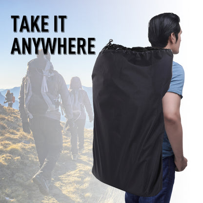 Black carrying bag for a folding sports bench, worn as a backpack