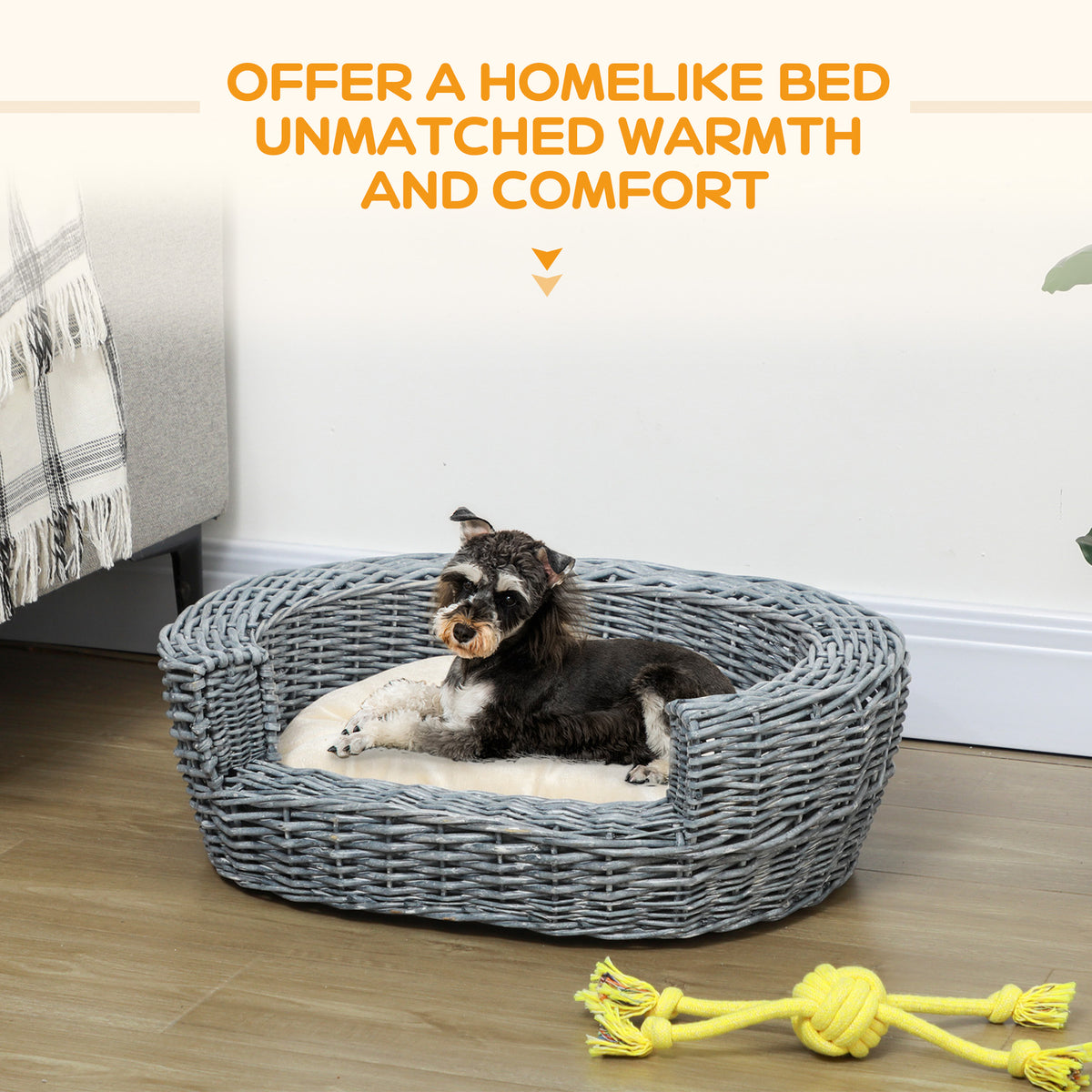 Small dog resting in a gray wicker pet bed with a cream cushion